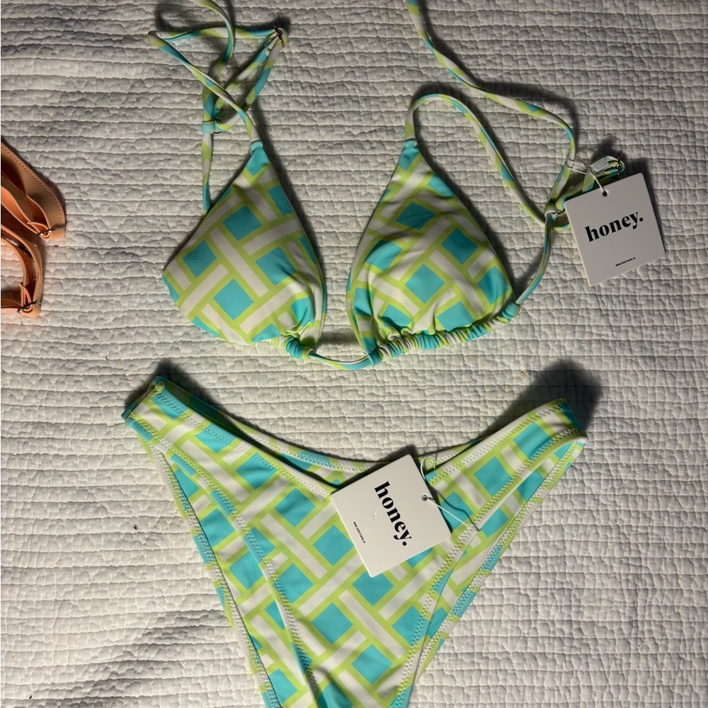 Honey Women's Geometric Bikini Set - Green and Blue